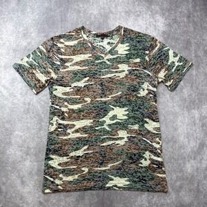 Broken English Womens Camouflage V-Neck Short Sleeve T-Shirt Green Brown Camo M